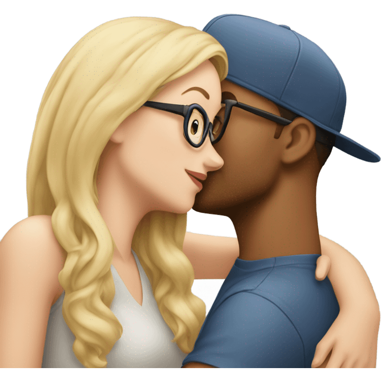 blonde woman with glasses and men with light skin and cap and no glasses kissing emoji