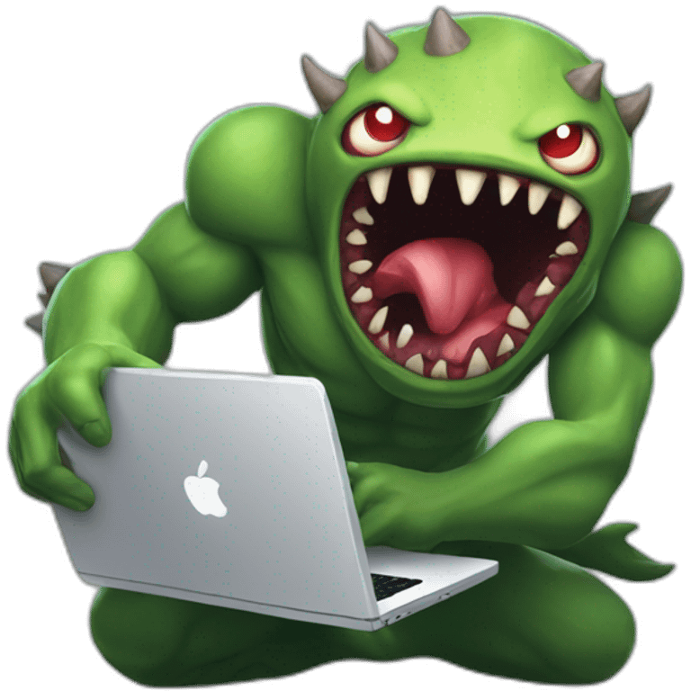 developper using a laptop to fight a monster emoji