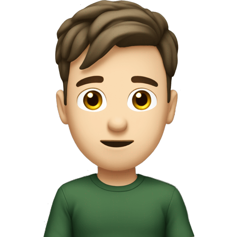 brown hair boy with dark green oversize shirt sitting in office chair, pov facecam emoji