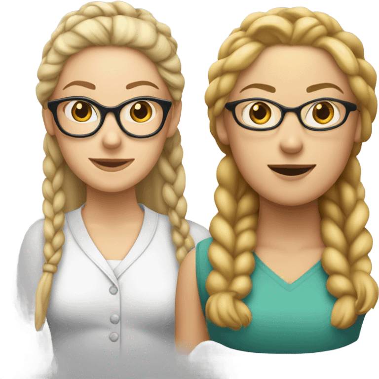 A white brunette woman and a blonde woman wearing glasses with her hair in a braid staring at each other awkwardly emoji