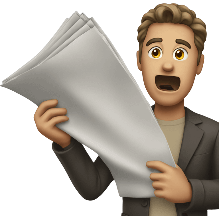 man holding a newspaper in his raised hand whilst shouting emoji