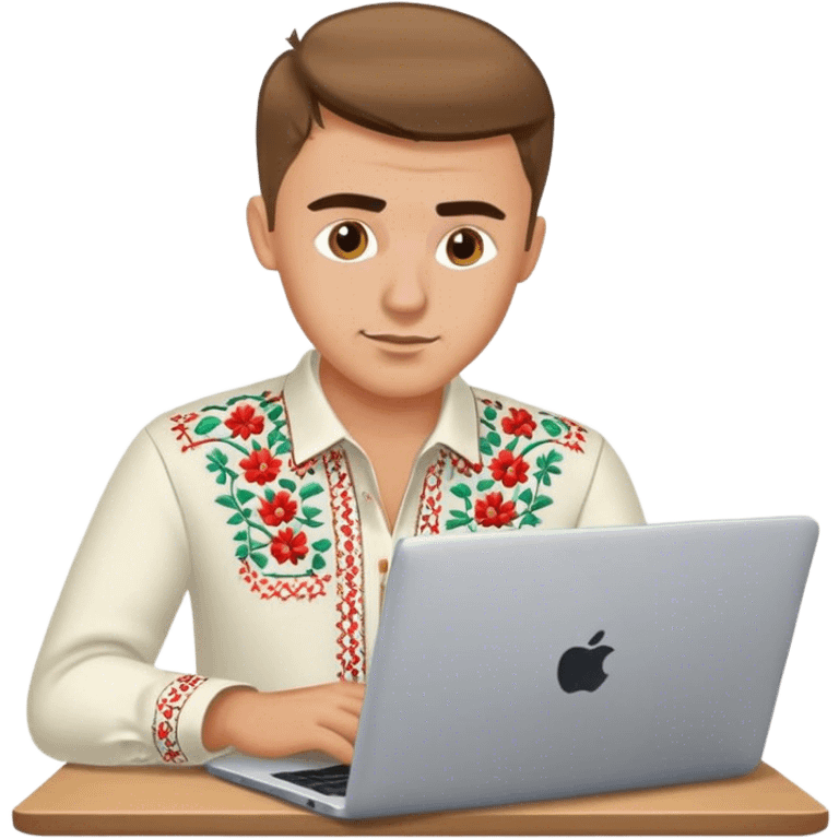 A Ukrainian guy in an embroidered shirt works at his laptop emoji