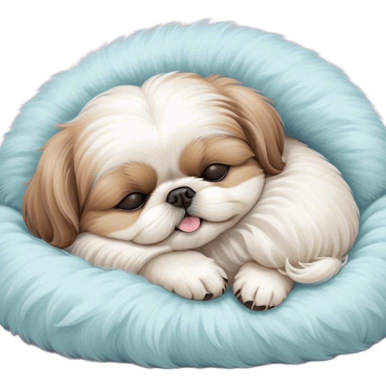 Meme-Worthy Cute Sleeping Shih Tzu Portrait Emoji, Head resting peacefully with a tender, contented smile and eyes delicately closed in serene slumber, showcasing a luxuriously fluffy fur in soft pastel tones, simplified yet irresistibly adorable, highly detailed, glowing with a warm, drowsy radiance, high shine, exuding calm, cozy charm, styled with a gentle, soft glowing outline, capturing the essence of a sleeping Shih Tzu that radiates utterly adorable, sleepy bliss! emoji