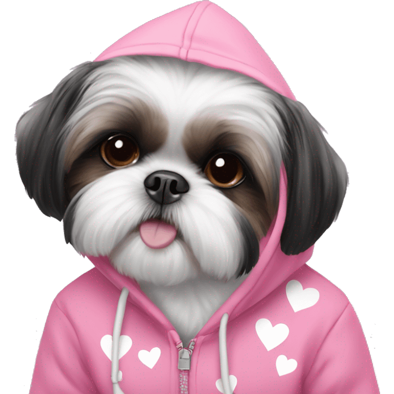 A girl  black and white shih tzu wears a pink hoodie with hearts on it emoji