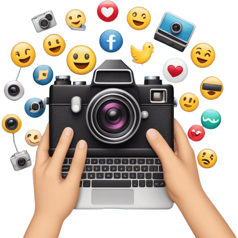 a composition of various media and technology-related emojis, arranged in a visually appealing way. At the center, there is a vintage-style camera emoji with a bright flash effect, symbolizing photography. A hand holding a smartphone emerges from behind the camera, representing digital and mobile content creation. Surrounding the central camera are a film camera, a laptop, and a smartphone with a colorful app grid, illustrating video production, digital work, and social media. The design is clean, modern, and conveys a theme of multimedia, content creation, and technology. emoji