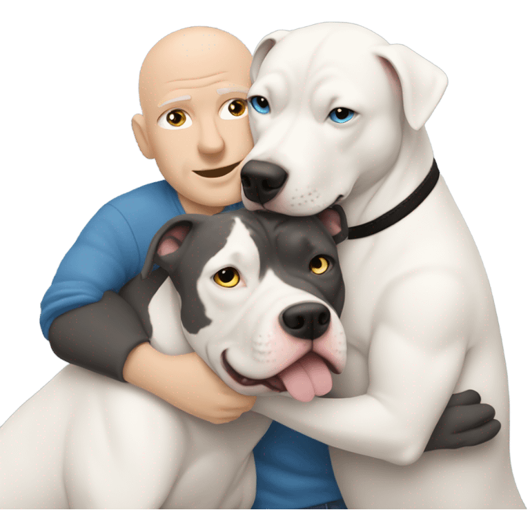 white bald man with blue eyes hugging large dark grey pit bull emoji