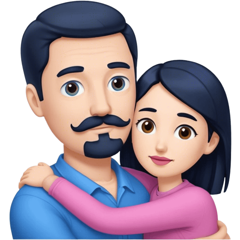 Tall white man with brown mustache goatee wearing blue hugging a short pale woman with long black hair wearing pink emoji