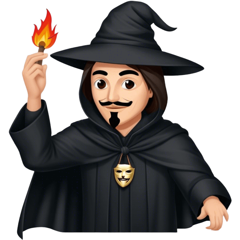 AOC in a black cloak taking off off a guy fawkes mask emoji