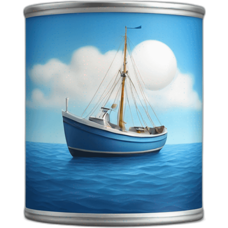 Realistic small can of tuna showing a sailling boat only blue colors emoji