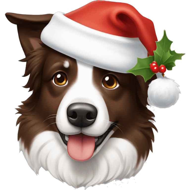 a brown and white border collie with a santa’s hat and a mistletoe in the mouth emoji