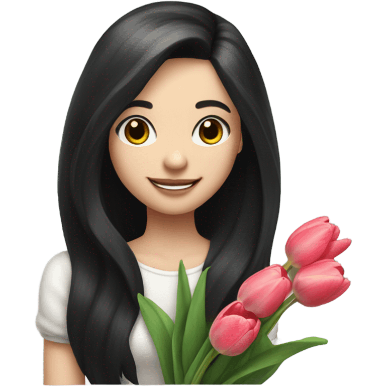 Smiling girl, long black hair with bans, holding a branches of tulip, pale skin emoji