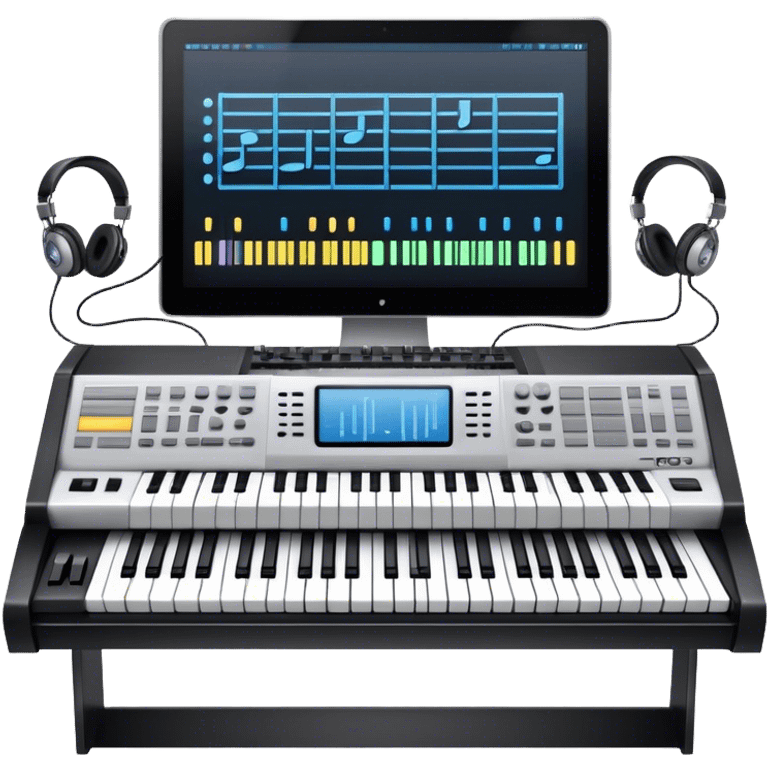 Create a professional and artistic emoji that represents writing music tracks. The design should feature a large monitor displaying musical notes or a score, positioned in front of a professional Korg synthesizer. Add elements like studio headphones, a MIDI keyboard, and an audio interface to symbolize the tools used in music production. Use sleek, modern colors like silver, black, and neon accents to convey the professional environment of music composition. The background should be transparent. emoji