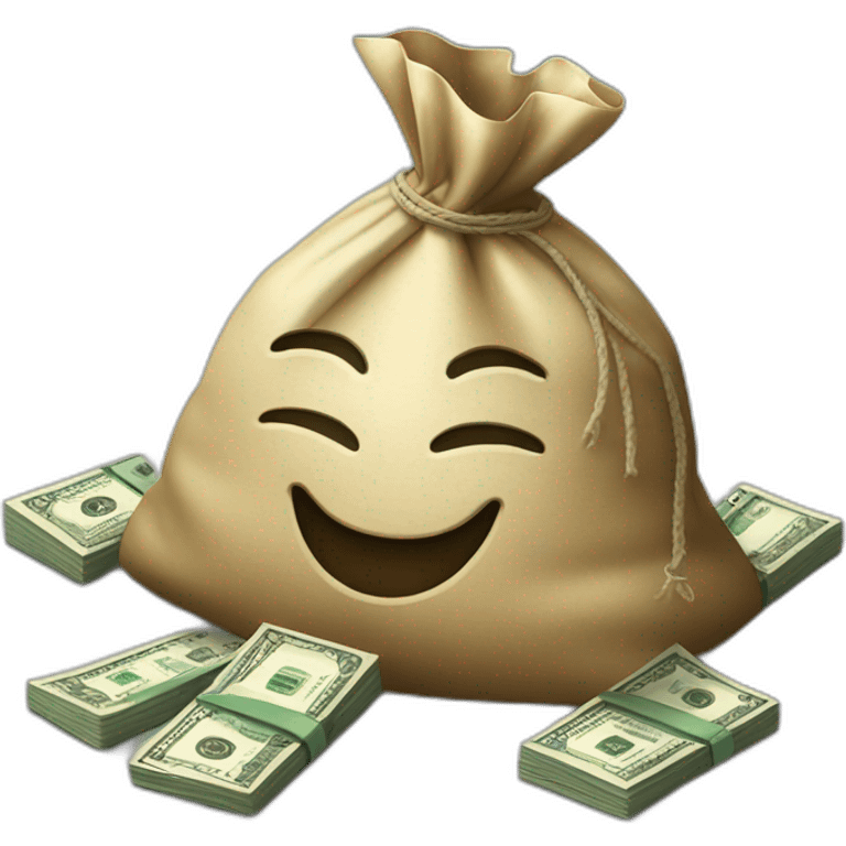 money bag with a lot of dollars stacked in the floor around it emoji