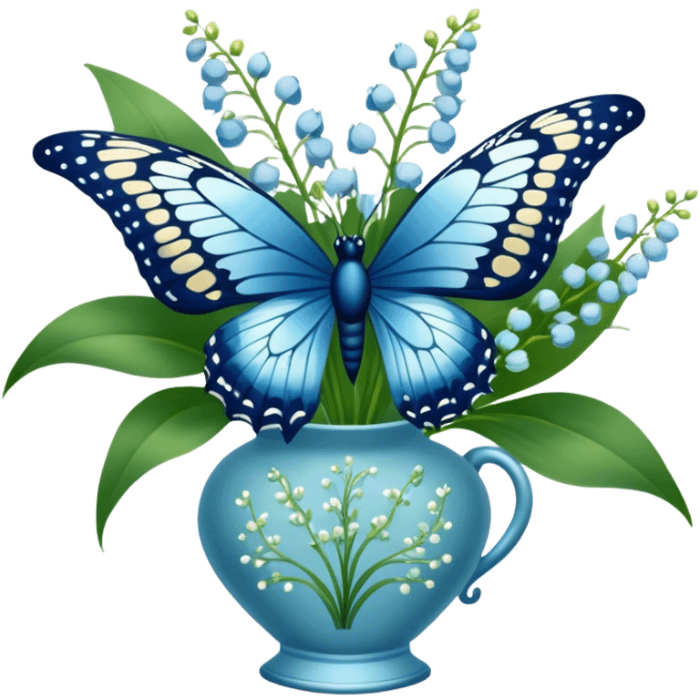 Aesthetic butterfly with blue light and navy wings sitting on a dark green bouquet of lily of the valley in a pastel blue vase emoji