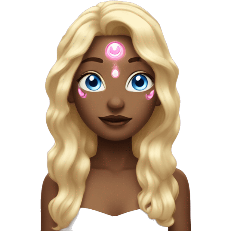 magical diva with thin pink andromedan face long blonde hair and blue eyes glowing third eye emoji