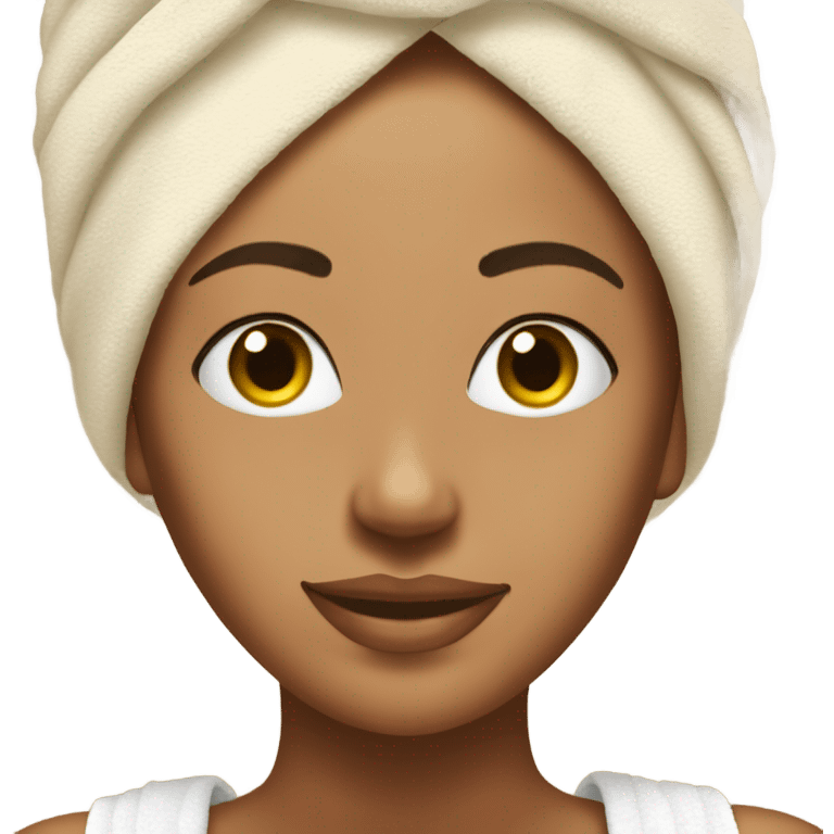 Tan girl with towel on her head and hair front peices hanging out with a skincare mask on her face emoji