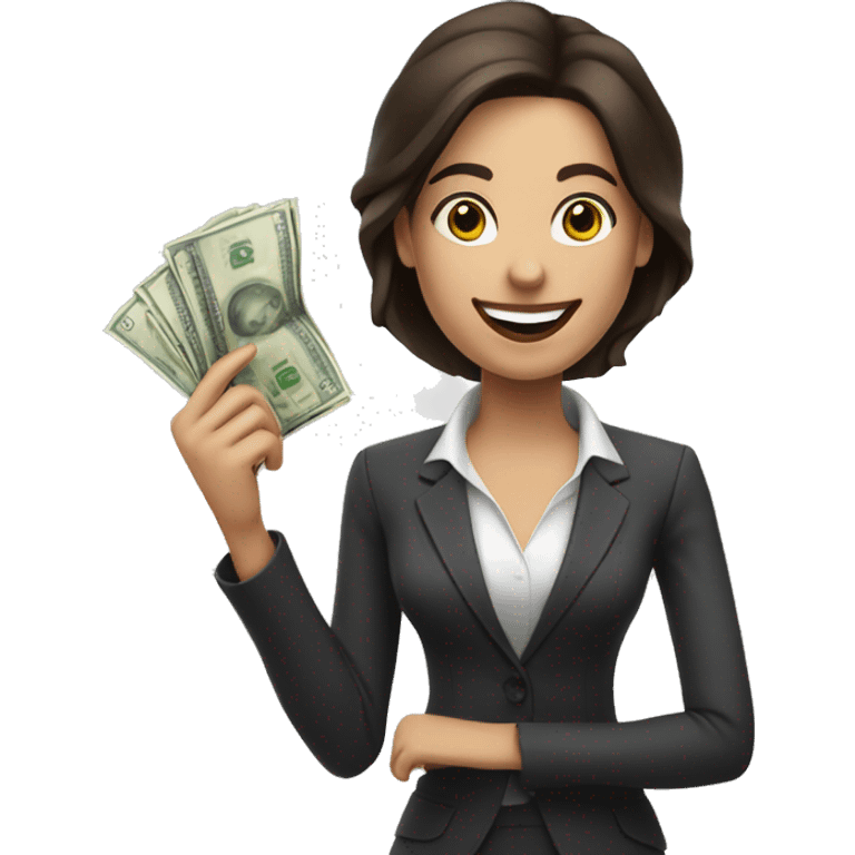 brunette business woman with money in her hand, smiling emoji