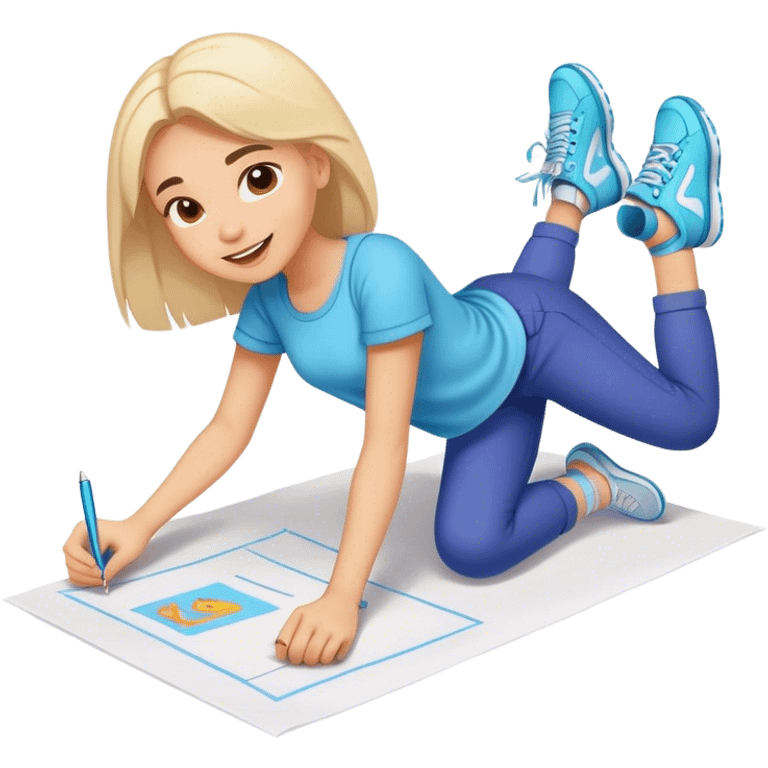 cheerful girl with sneakers draws on a sheet of paper on the ground emoji