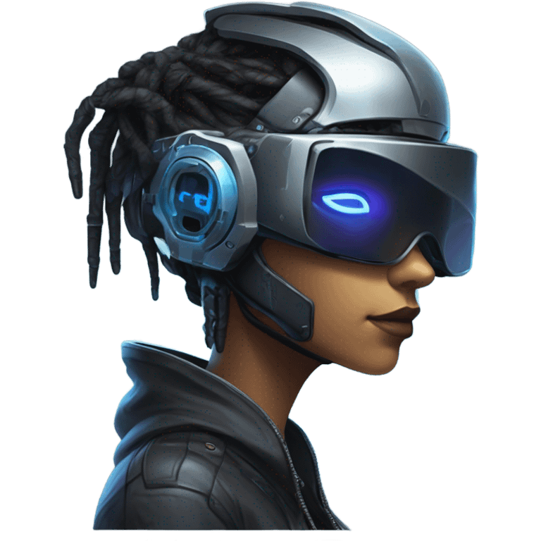 female netrunner, cyberpunk hacker with mechanical glasses, black robot body, black vr headset, eyes covered, no eyes, blue neon emoji