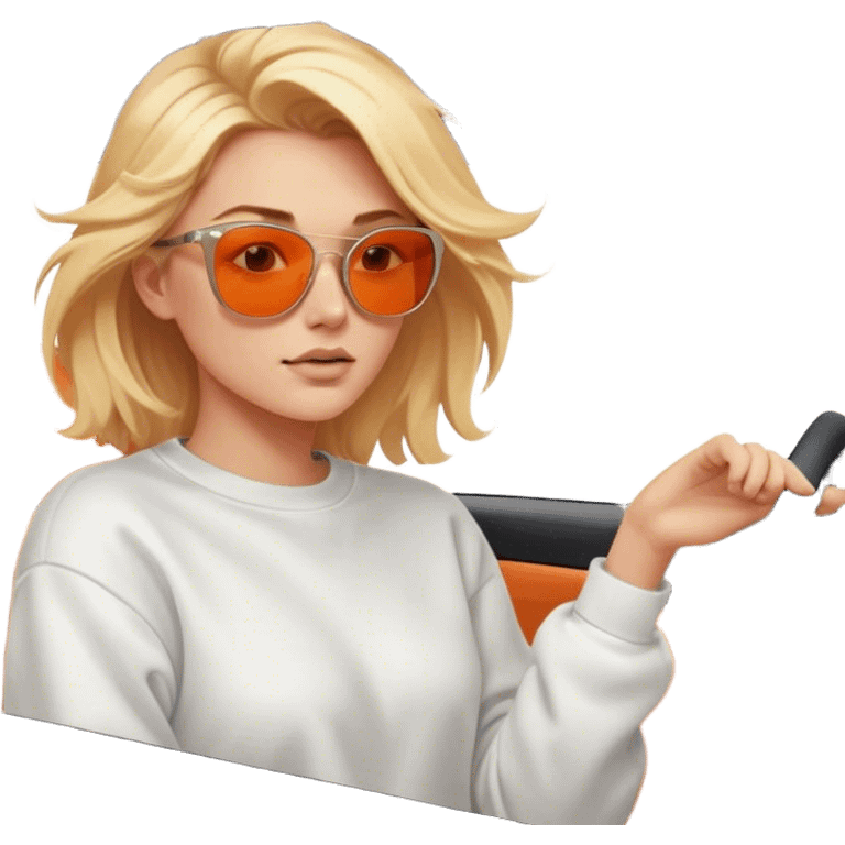 A cinematic realistic blonde in sunglasses, wearing a white sweatshirt, is driving an orange car, her hair is slightly blowing in the wind. emoji