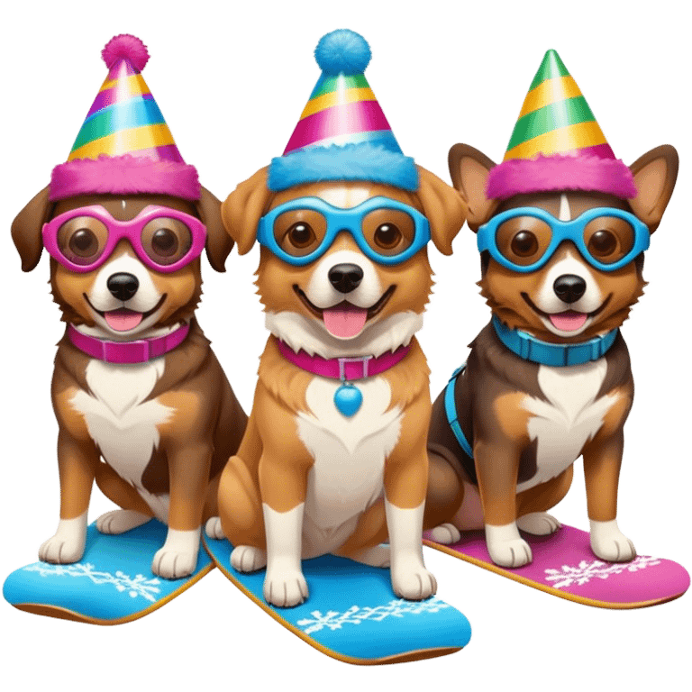 3 dogs snowboarding birthday party emoji