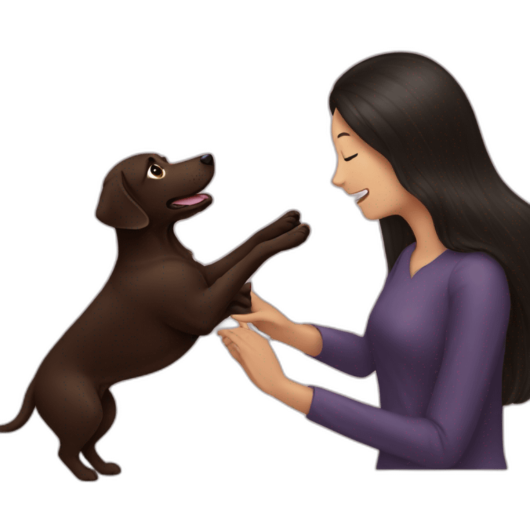 Chocolate labrador playing with woman long black hair emoji