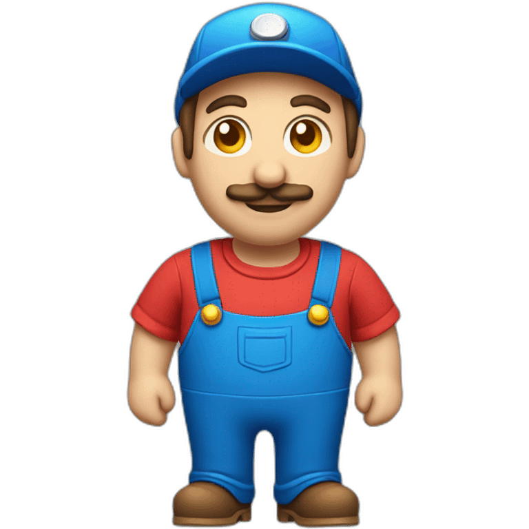 plumber with a red hat & shirt, blue overalls with yellow buttons, a brown mustache & blue eyes emoji