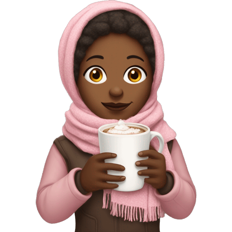 Black woman with baby pink scarf and a hot chocolate  emoji