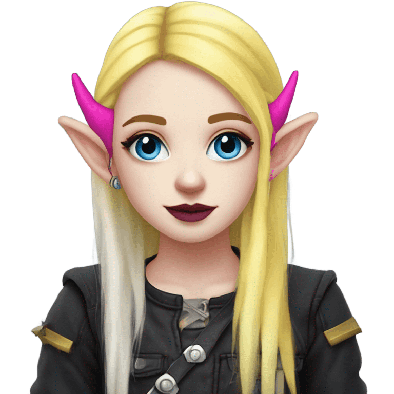 Blue eyed long eye lashes blonde  pale hime gyaru girl, hot pink and yellow split-dyed hair, nose ring, elf ears, dark makeup, punk clothes emoji