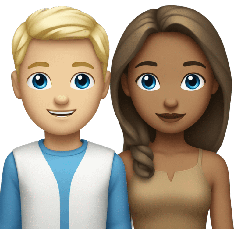 A tan girl with brown hair and blue eyes and a white boy with blonde hair and blue eyes emoji