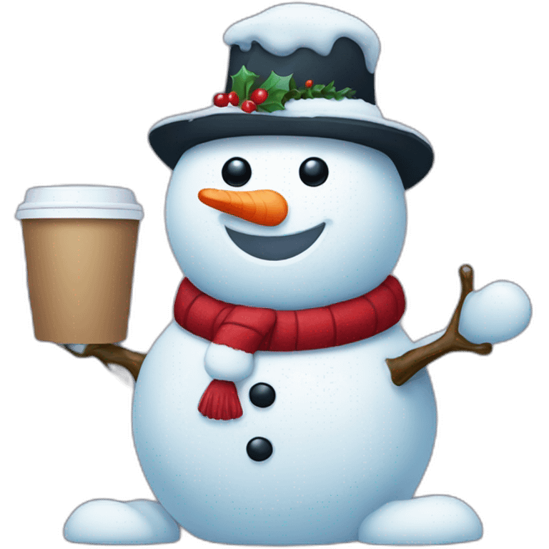 cute little snowman with a laptop holding a coffee mug emoji