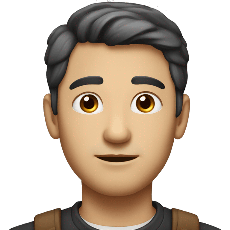 portrait of a man with an oval-shaped face and soft, balanced features. He has short dark hair, neatly styled upwards, and warm brown eyes with a friendly, slightly squinted expression. emoji