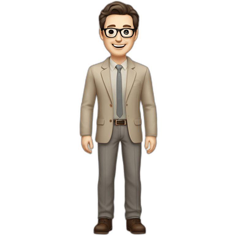 Joyful Full height Pale skinned Fit Man With dark brown hair in gray jacket, beige office shirt, Brown pants and vintage glasses. His thrumbs up emoji