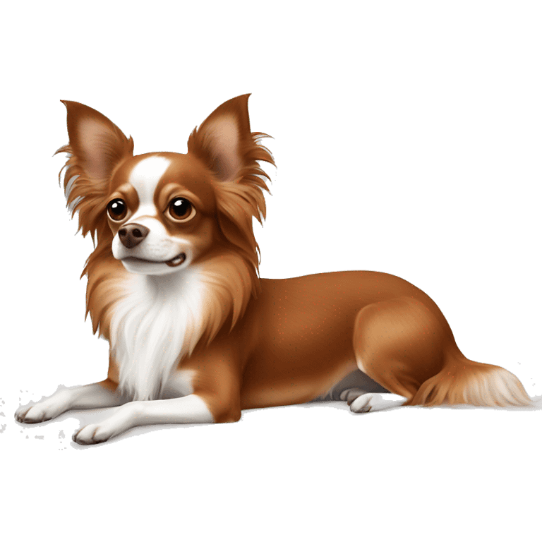 Long-haired reddish brown Chihuahua with white markings lying on bed  emoji