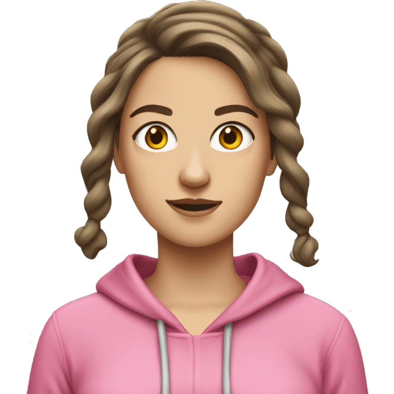 white brunette woman wearing pink hoodie with bows in her hair emoji