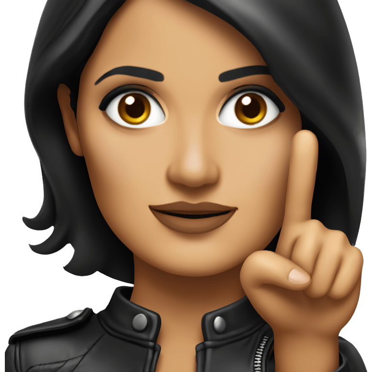 Salma Hayek wearing leather jacket, pointing forward with her pointer finger emoji