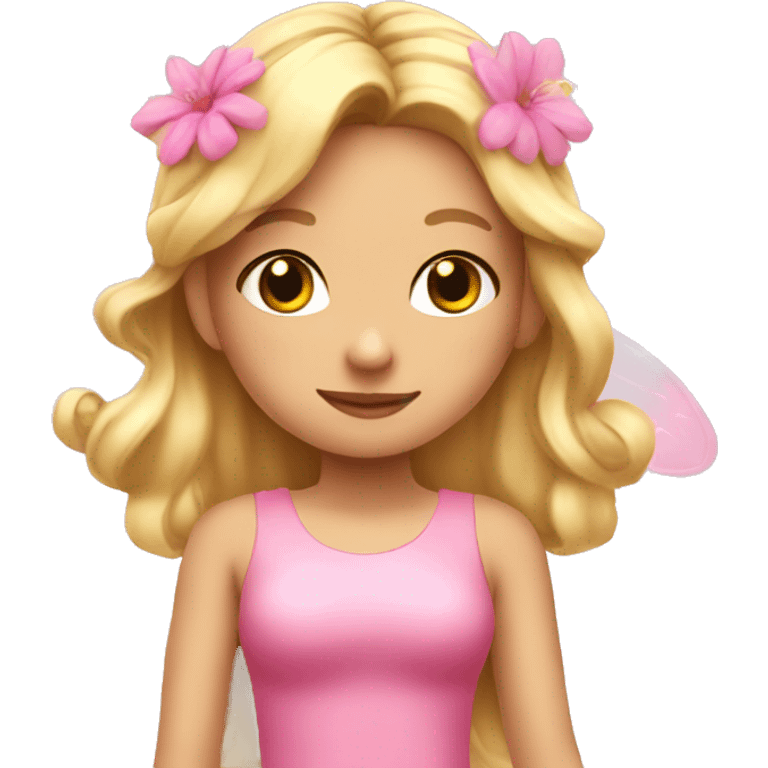 A blonde fairy wearing a pink dress, pink wings and pink flowers in her hair emoji