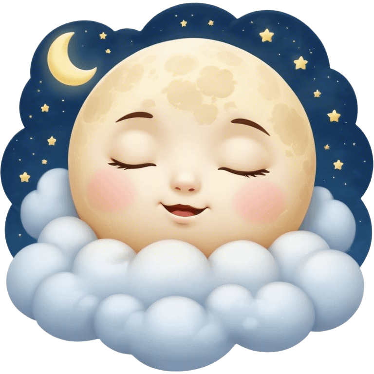 Cinematic adorable moon with a sleepy face, round and chubby, soft glowing light, tiny rosy cheeks, resting on a bed of fluffy clouds, dreamy and peaceful. emoji