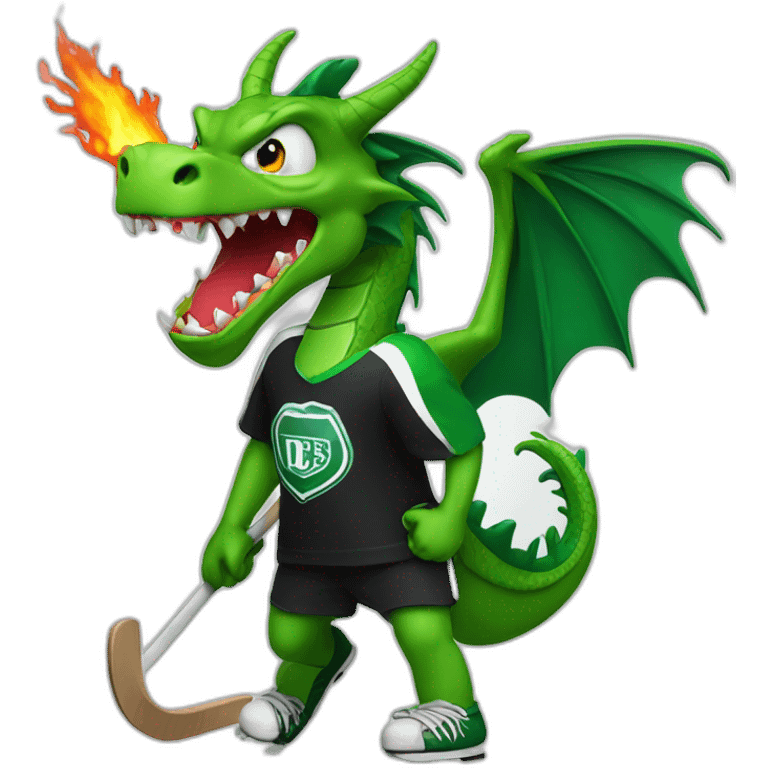 green dragon wearing a black t-shirt playing ice hockey and spitting fire emoji