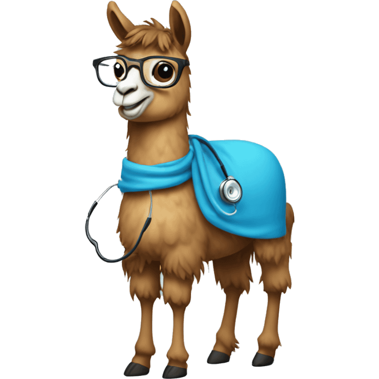 a llama with a blue scarf, stethoscope, and glasses smiling emoji