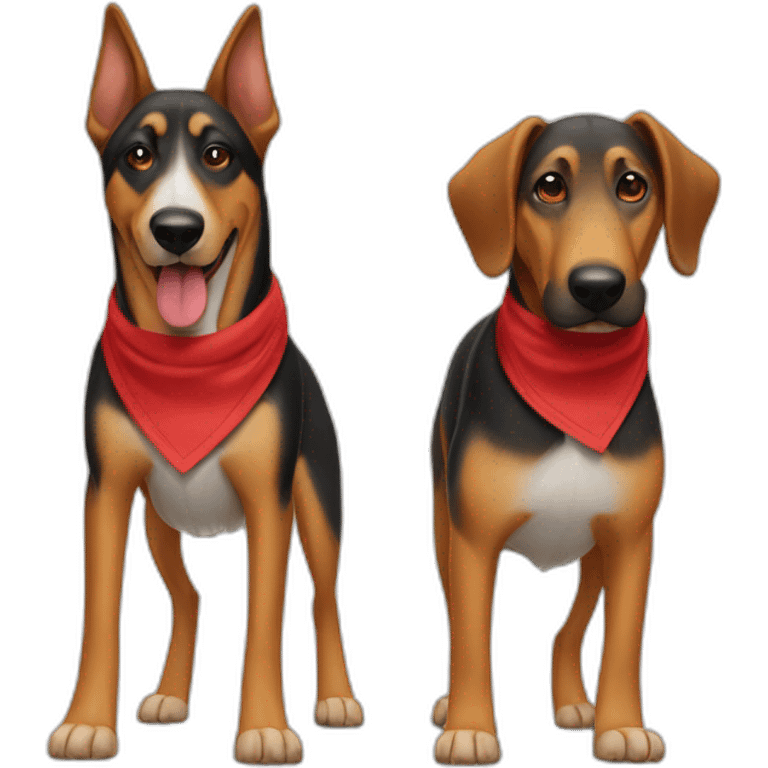 coonhound and German shepherd mix dog wearing red bandana and walking left emoji