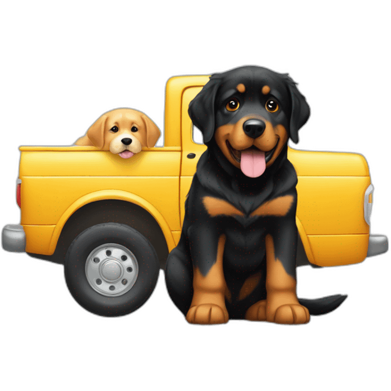 A rottweiller hug A Golden retriever in a truck emoji