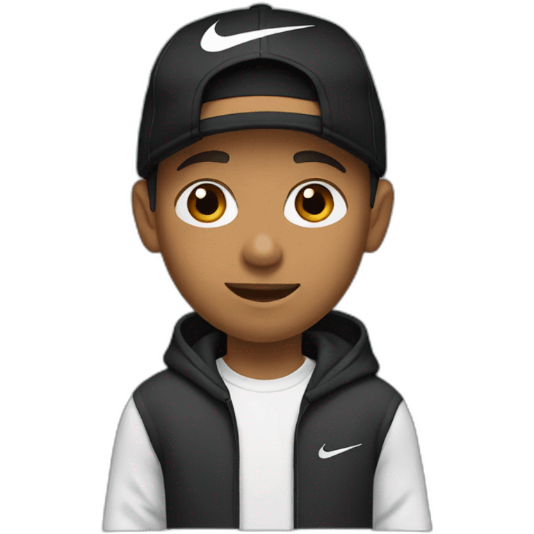 light brown boy with hair until his ears wearing a black nike cap and nike hoodie emoji