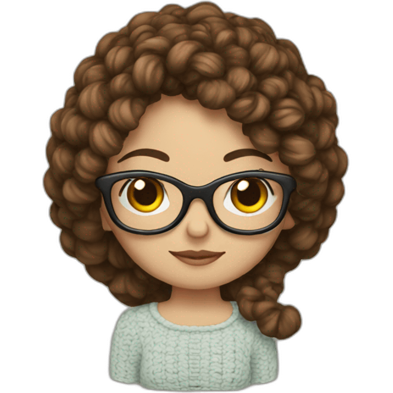 Girl with brown hair, and glasses, making crochet emoji