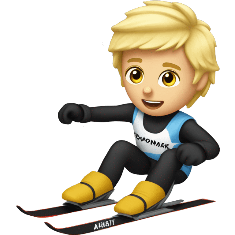 18 year old blonde boy slalom ski racing at 60 mph wearing a bib that says Rowmark. emoji