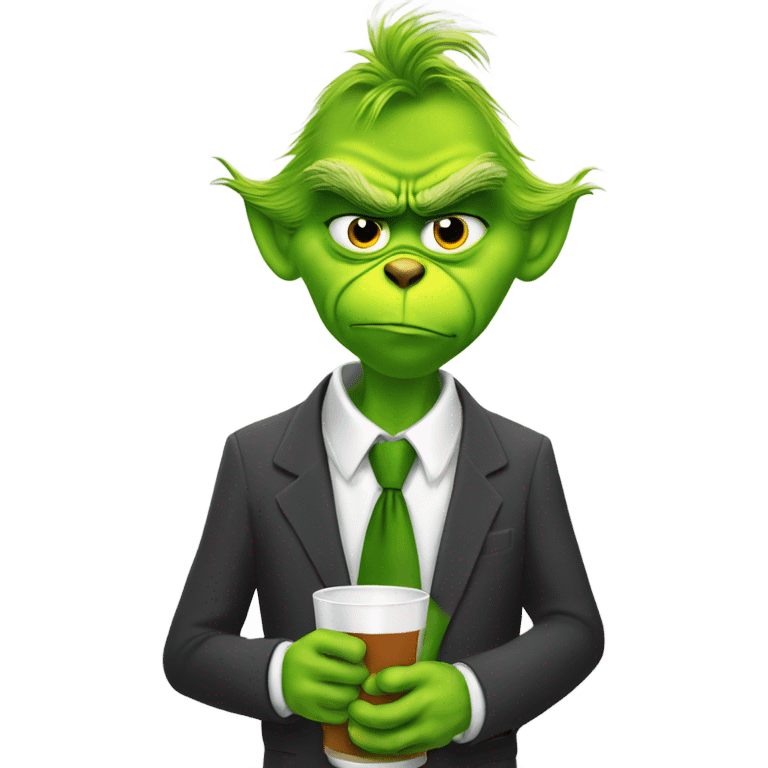 grinch in suit and tie drinking at the computer. emoji