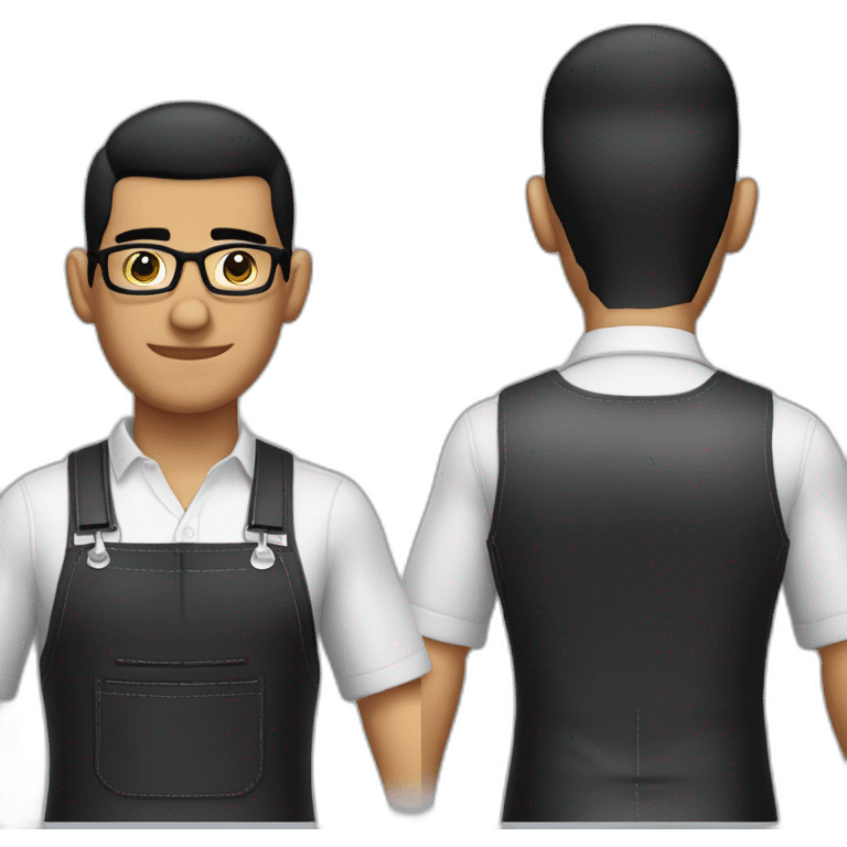 Barber guatemalan with fade buzz cut black hair, glasses, leather apron and large nose emoji