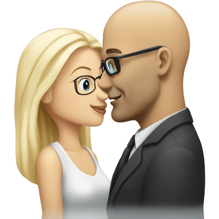 Clean shaven white Bald man wearing glasses kissing a white blonde woman with long hair emoji