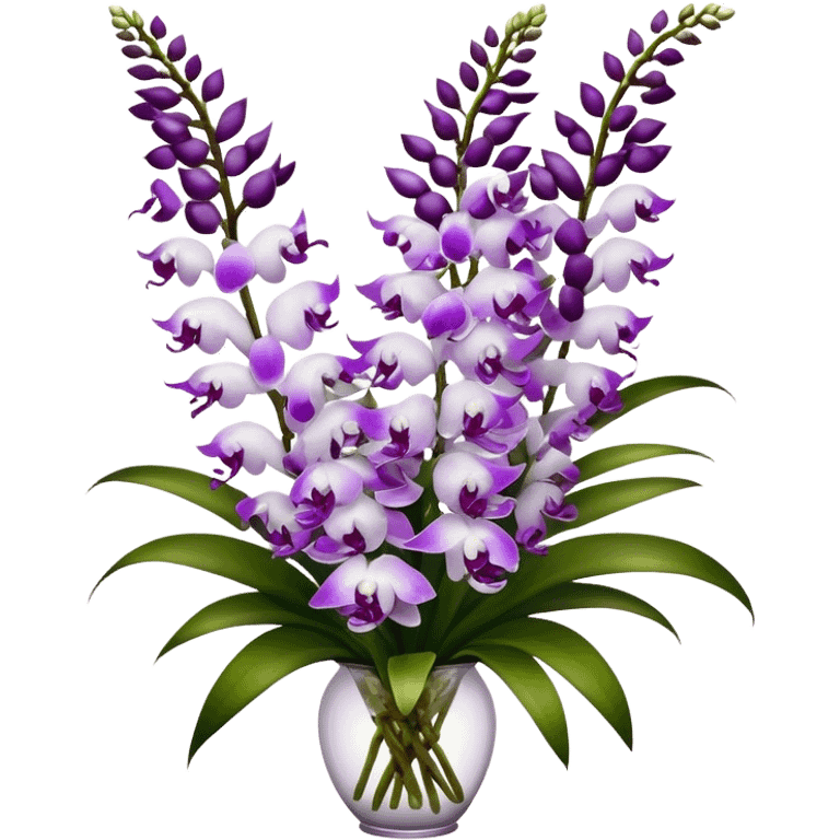 big bouquet white purple Rhynchostylis Orchid, stem, leaf, luxuriant emoji