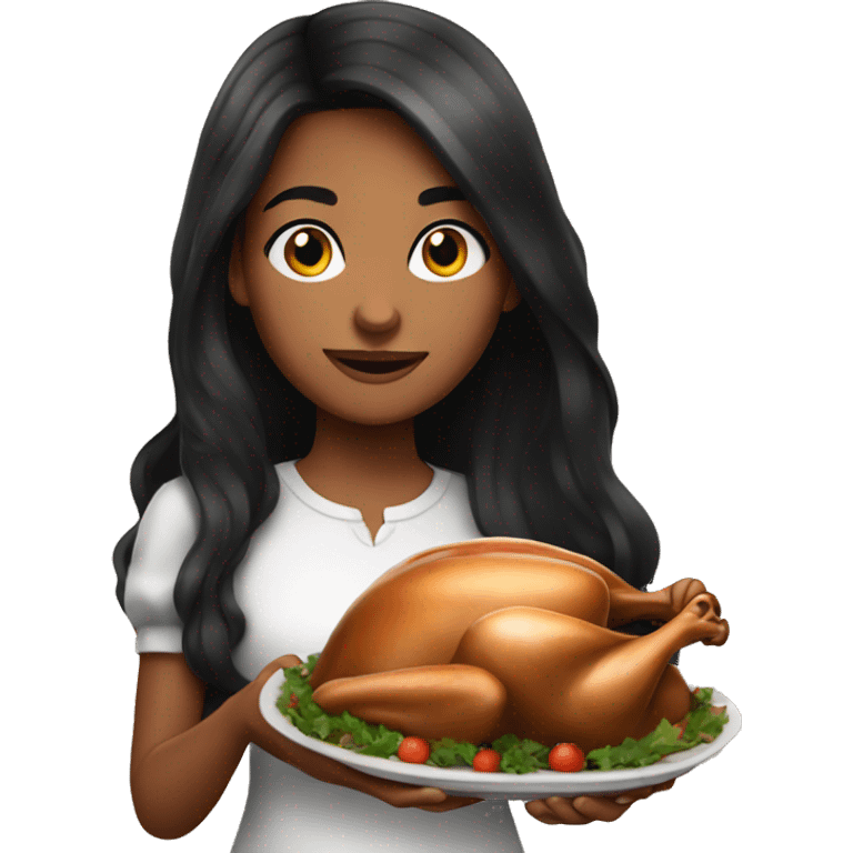 pretty young long black haired girl holding turkey  emoji